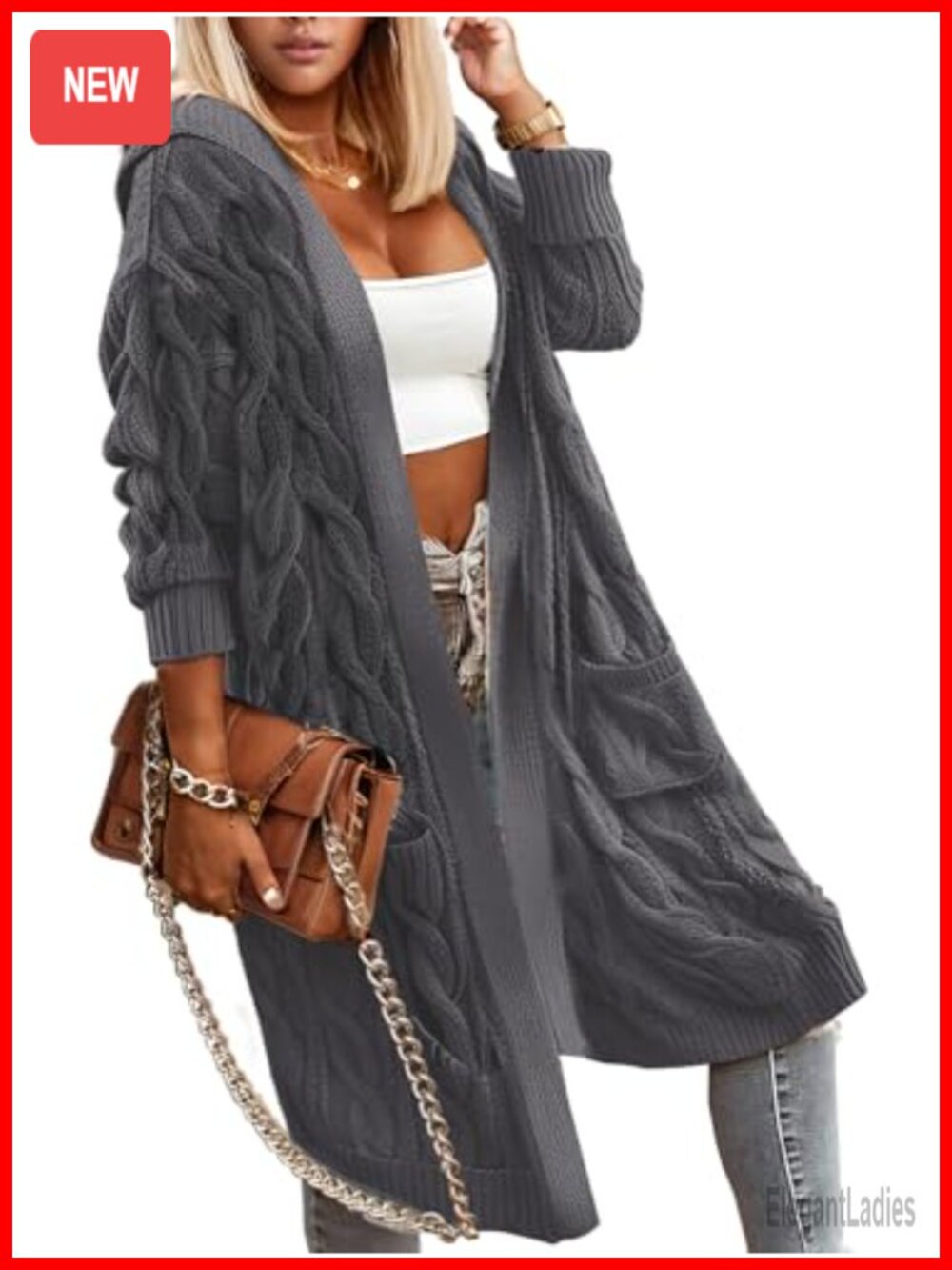 Oversized Cable Knit Hooded Open Front Cardigan with Pockets